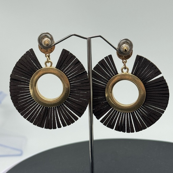 INC Leather Fringe BOHO Circle Gold Tone Post Earrings - Picture 7 of 8